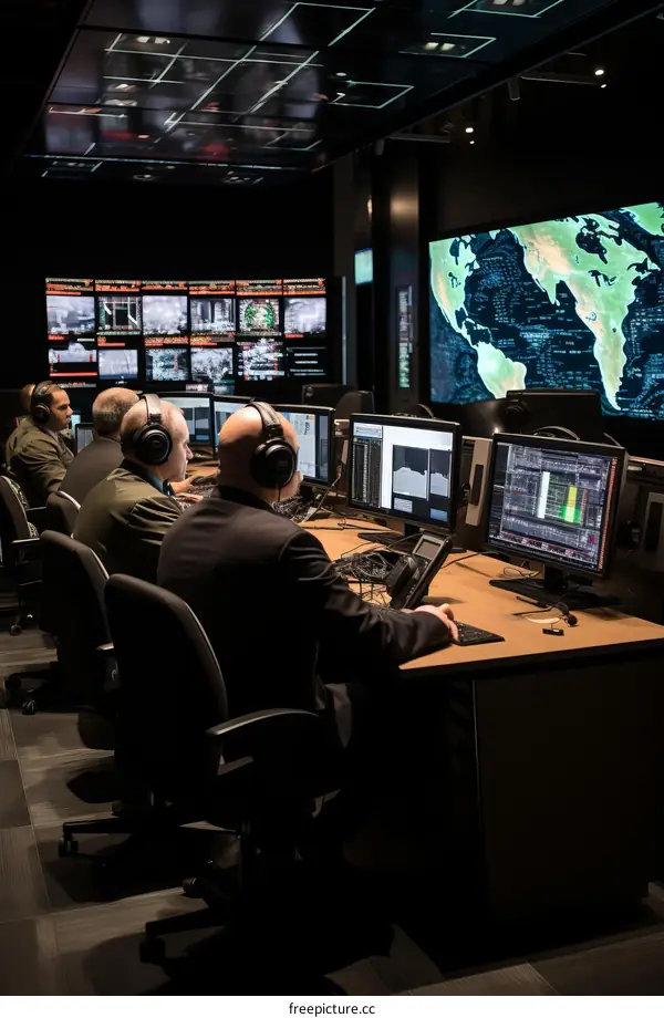 A group of people are working in a dark room with many computer screens.