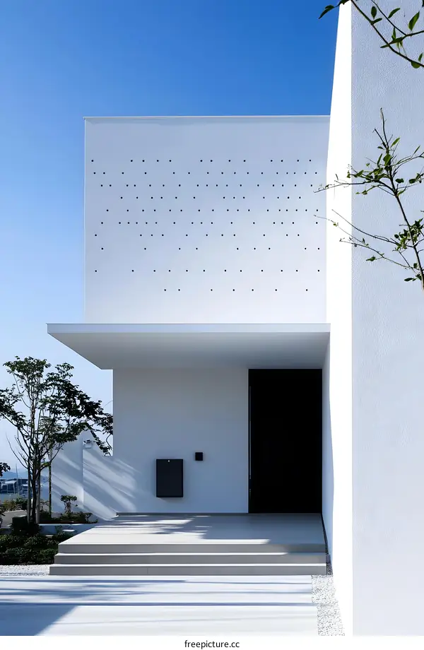 Modern White House with Perforated Wall and Black Door