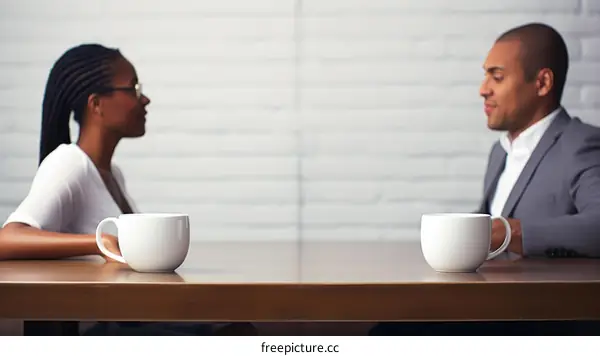 A serious conversation between a black woman and a black man in business suits