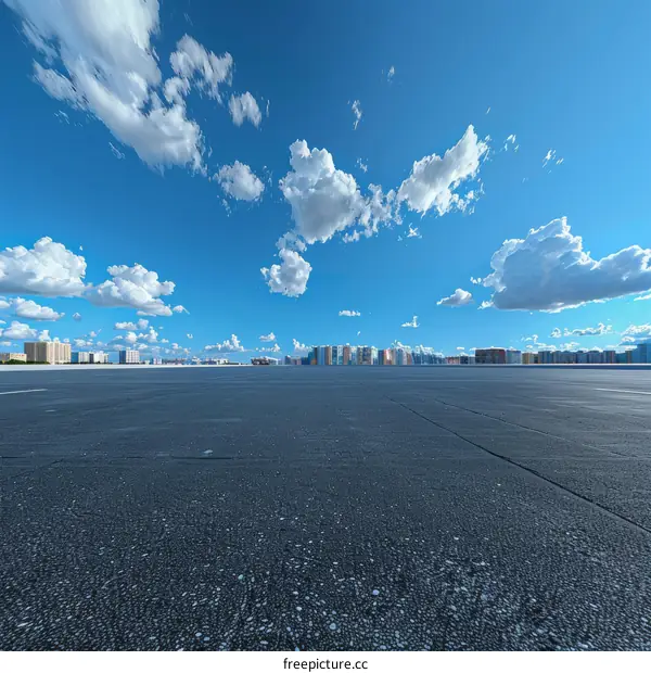 Cityscape from a rooftop with blue sky and clouds