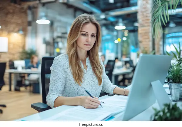 Business Woman Working on Laptop in Modern Office