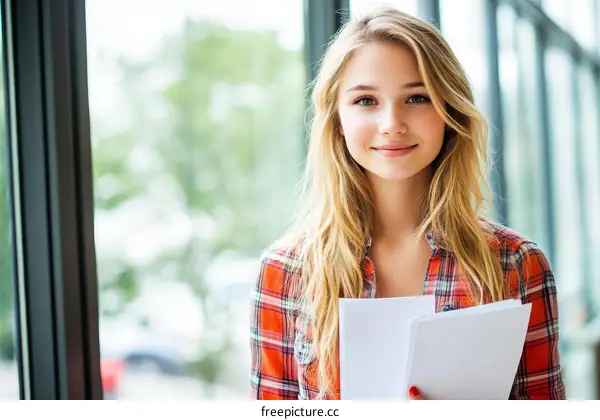 Young Woman Holding Papers Near Window