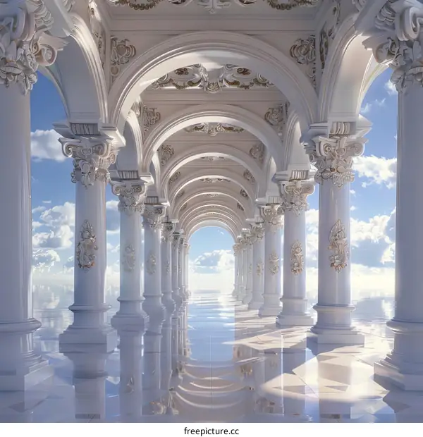 Surreal Hallway of Pillars Leading to a Sky