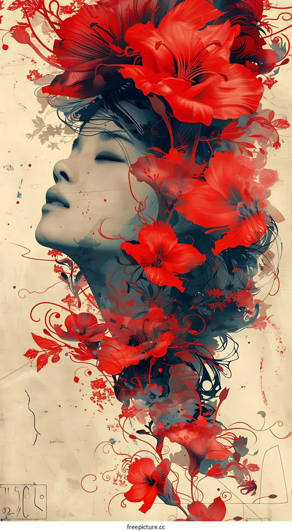 Red Floral Illustration with Asian Woman