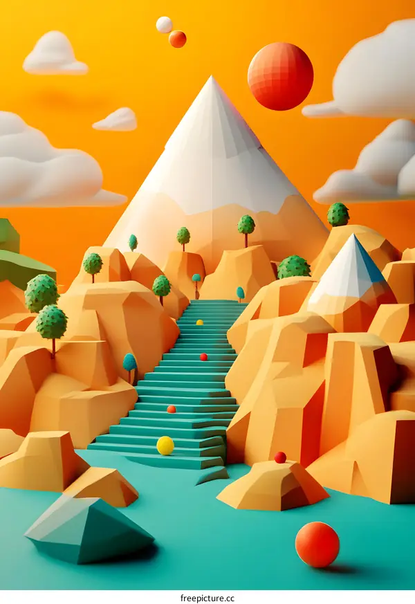 Low Poly Mountain Landscape with Stairs and Floating Spheres
