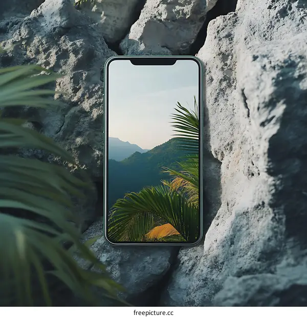 Green Smartphone with a Mountain Landscape Displayed on a Rock Surface