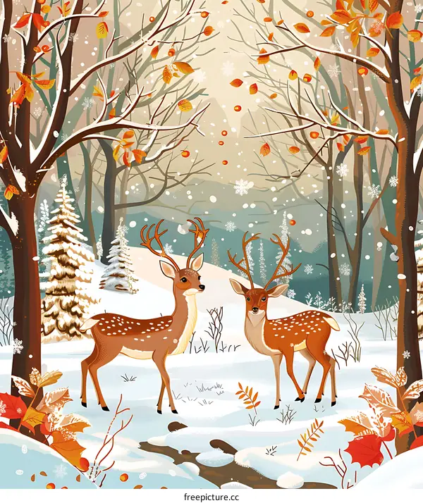 Winter Forest Landscape with Two Deers
