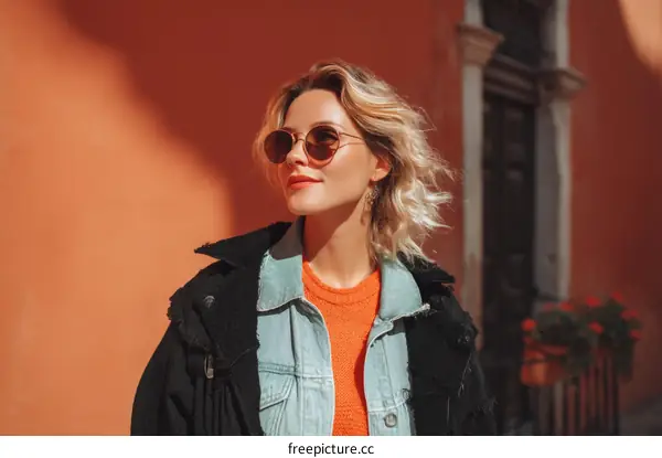 Stylish woman wearing trendy outfit with sunglasses standing outdoors