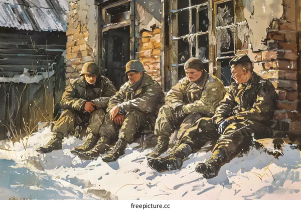 Four soldiers in front of a ruined house during the war