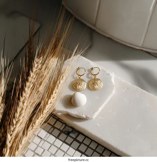 Elegant Gold Shell Earrings Displayed with Wheat and Seashells