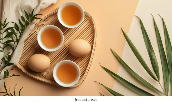 Top View of Teacups and Eggs on Bamboo Tray with Green Leaves