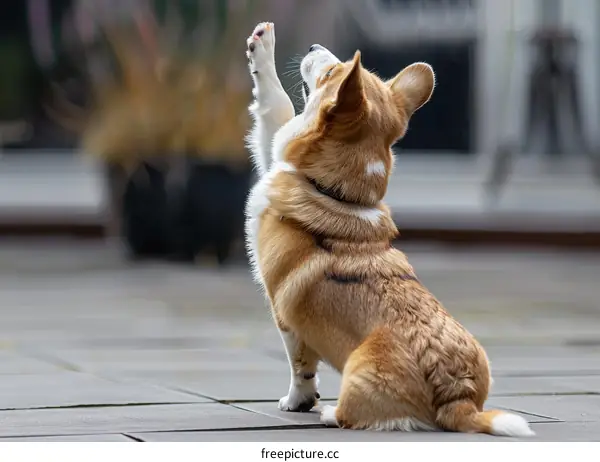 A cute Pembroke Welsh Corgi raises its paw
