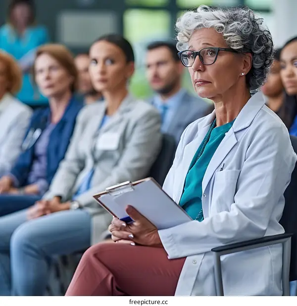 Female Doctor in White Coat Sitting in Audience