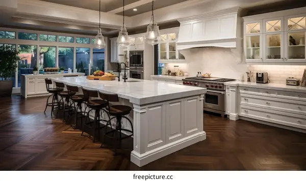 Modern Kitchen With White Cabinets and Hardwood Floors