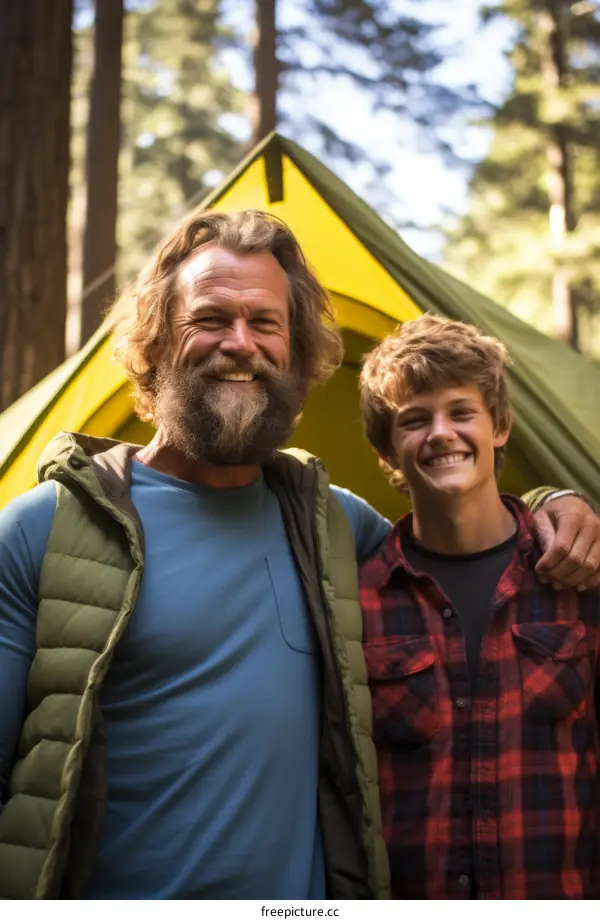Happy father and son camping together in the woods
