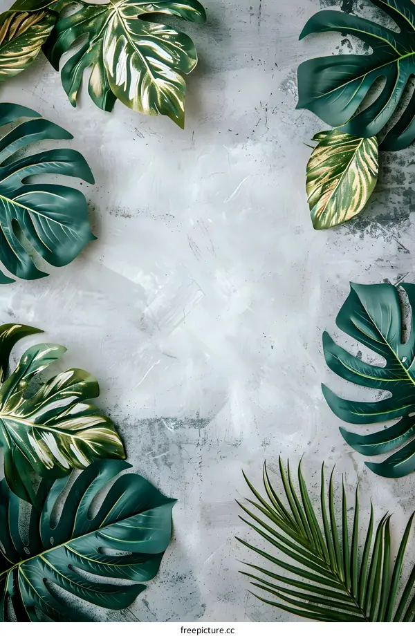 Tropical Leaves Border Frame On Grey Background