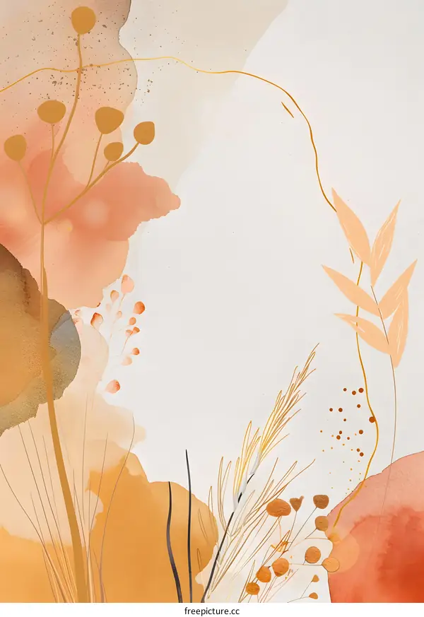 Abstract Watercolor Background with Gold and Orange Floral Elements