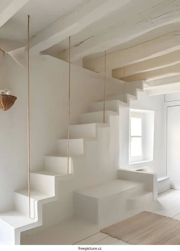 Minimalist White Interior Design with Wooden Beams and Staircase
