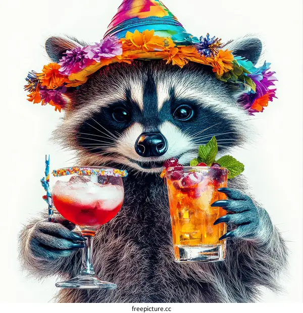 Funny Raccoon in Party Hat with Cocktails