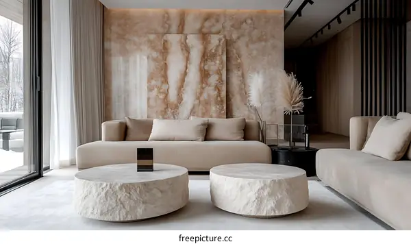 Modern Beige Living Room with Natural Stone Coffee Tables