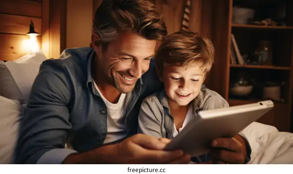 Father and son reading a book together