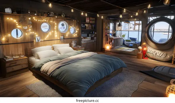 Cozy Wooden Bedroom with String Lights and Ocean View