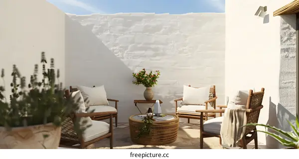 White Wall Patio with Wicker Furniture and Flowers