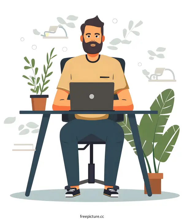 Man Working on Laptop at Desk with Plants