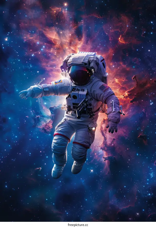 Astronaut in Spacesuit Floating Among Nebulae and Galaxies