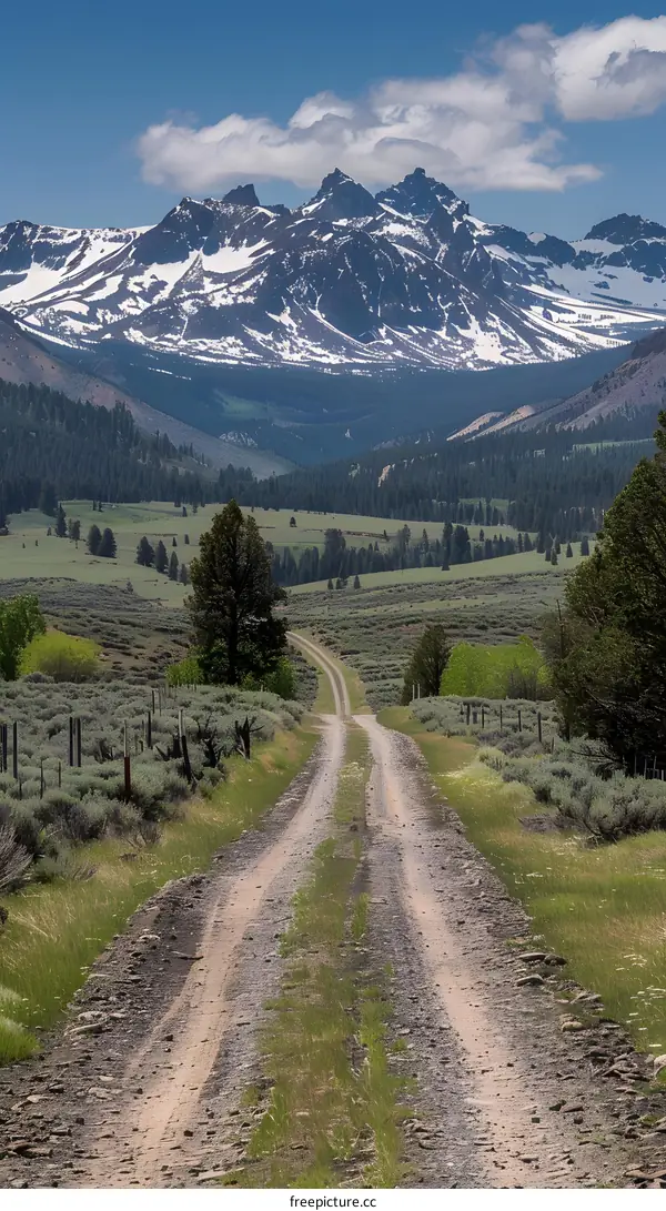 A dirt road winds through a valley in the Sawtooth Mountains of Idaho