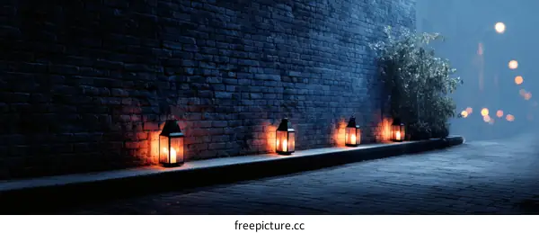 Nighttime Alleyway with Lanterns and Brick Wall