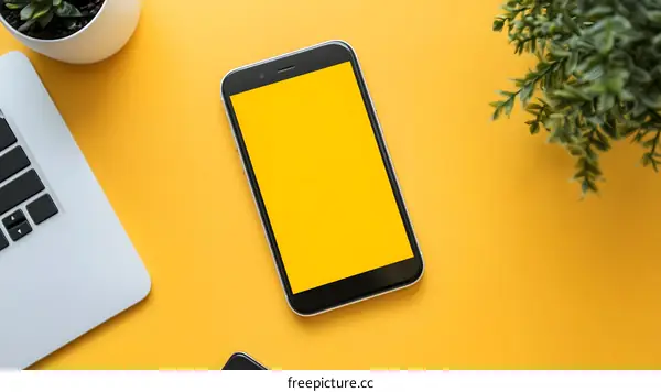 Yellow Background with Phone, Laptop, and Plant