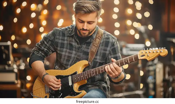 Man Playing Electric Guitar in a Music Studio