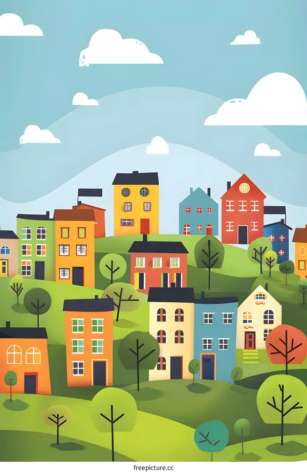 Colorful Cartoon Illustration of a Town with Houses and Trees
