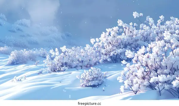 A winter wonderland of snow-covered trees and bushes