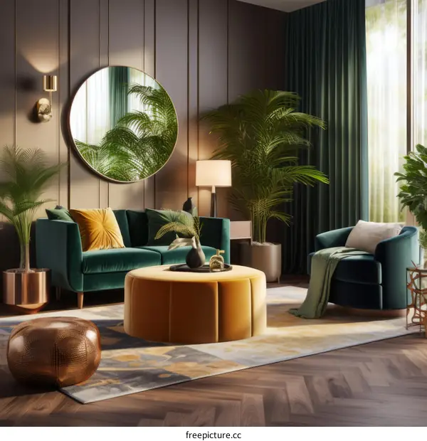 Modern Living Room with Velvet Furniture and Plants