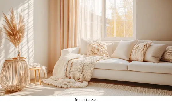 Cozy Beige Living Room with Knitted Throw