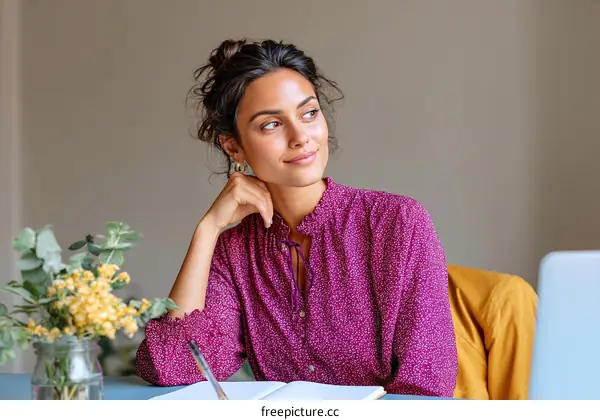 Thoughtful Woman in Purple Blouse