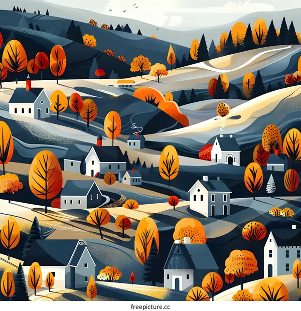 Autumn Village Landscape with Hills and Houses Illustration