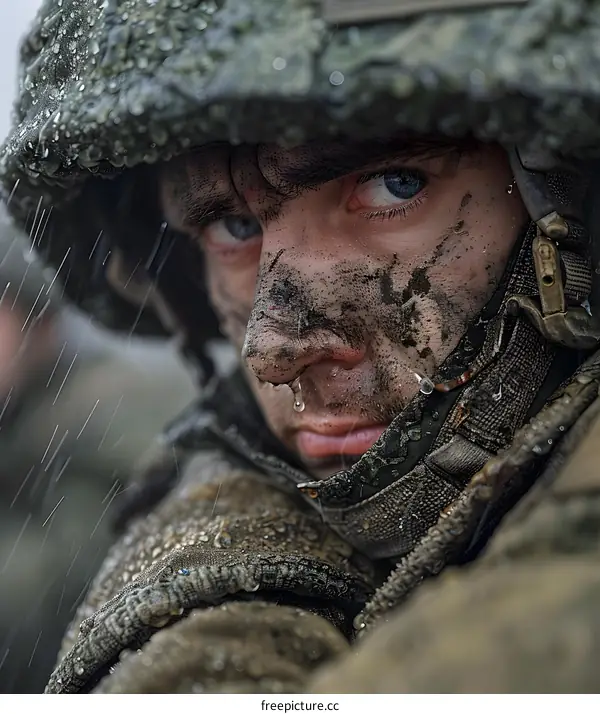 Portrait of a young soldier with mud on his face