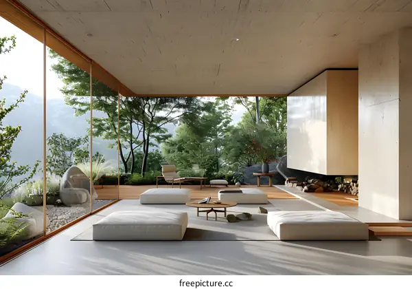 Modern living room with forest view