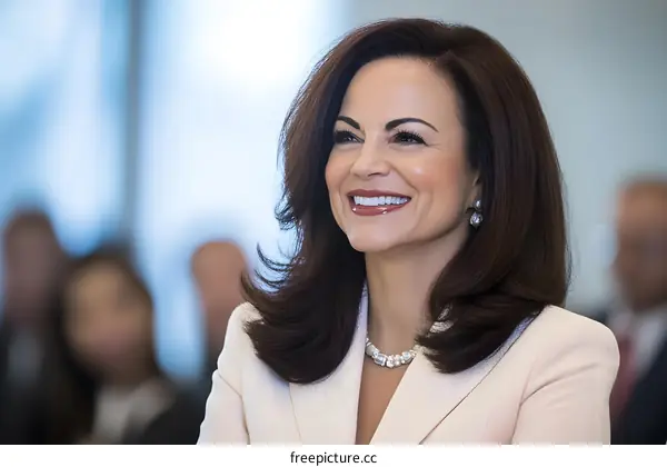 Smiling Woman in White Suit with Pearl Necklace