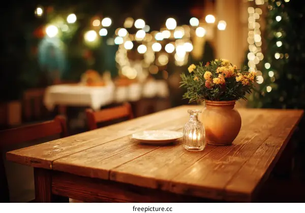 Rustic Wooden Table Setting at Night