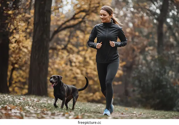 Woman Running in a Forest with Dog