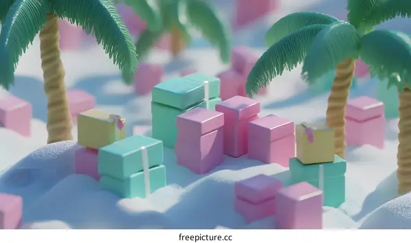 Minimalist 3D Illustration of Gift Boxes and Palm Trees