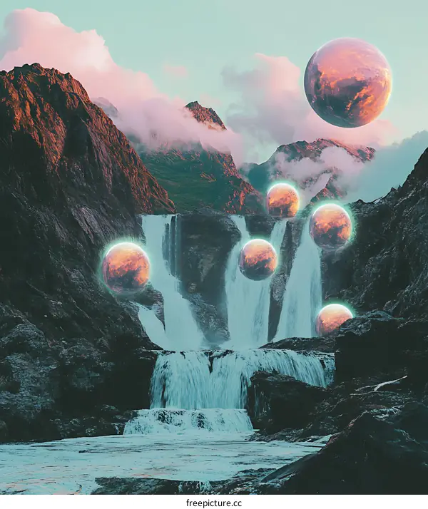 Surreal Landscape With Floating Spheres And A Waterfall