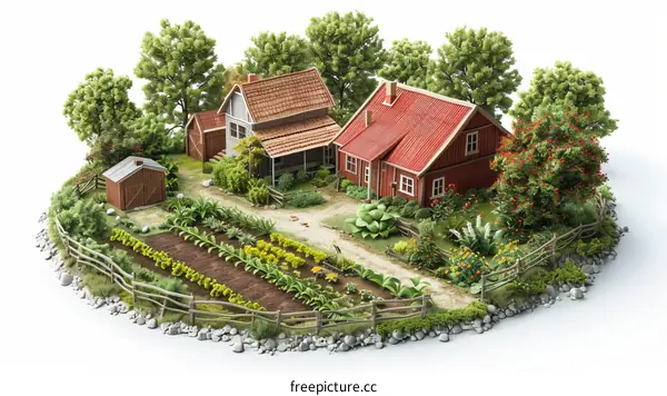 Countryside Farm with Red Barn and Gray House by Garden Surrounded by Trees
