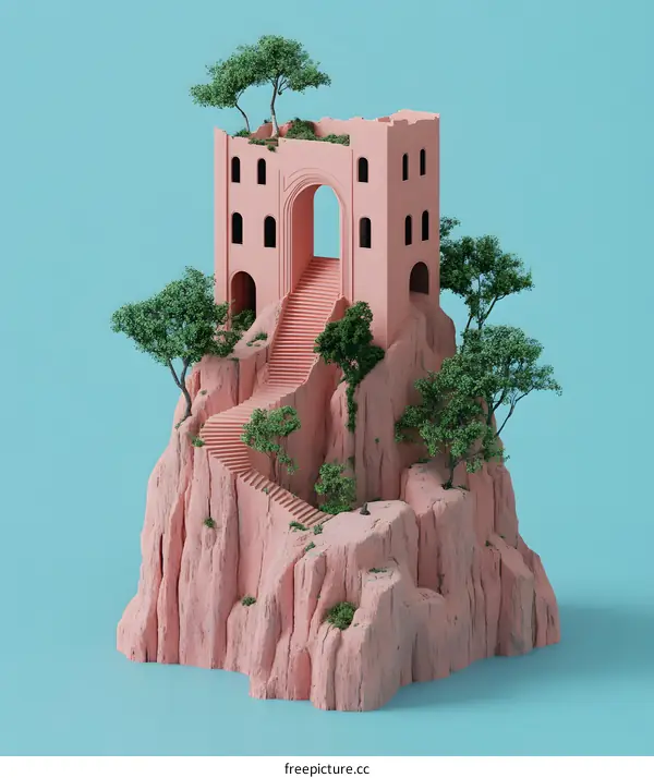 Pink Castle on a Hill with Trees 3D Render