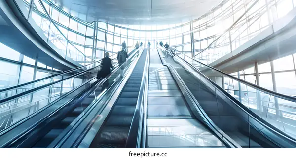 Modern Escalator in a Glass Building with People
