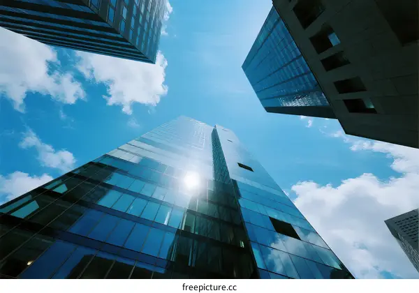 Towering modern skyscrapers under a clear blue sky